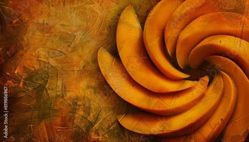 Orange slices forming a spiral on a brown background.