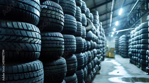 Piles of car tires in factory storage area. Concept Industrial Waste Management, Recycling Practices, Synthetic Rubber Production, Tire Manufacturing Technology AI