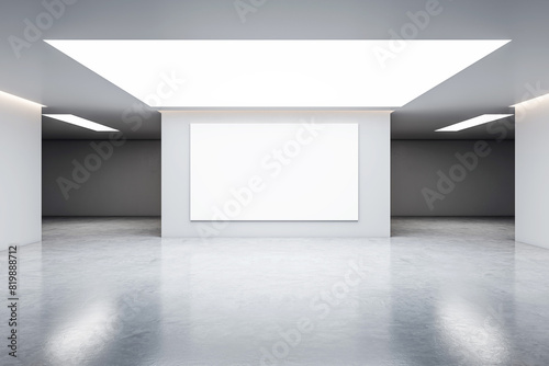 Empty white canvas on a wall in a bright gallery space with minimalist design, concept of modern art exhibition. 3D Rendering