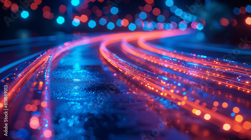 Colorful light trails on city roads at night, depicting motion and urban nightlife. Concept of transportation, movement, and vibrant city atmosphere.
