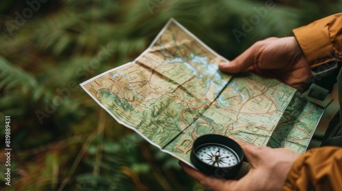 A close-up of a map and compass in a hiker's hand, planning the next part of the journey surrounded by nature.