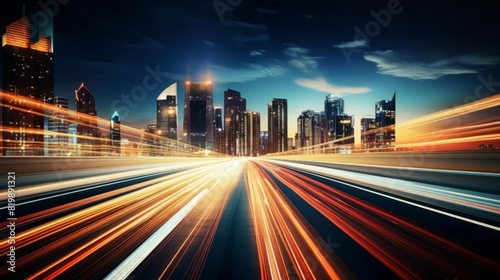 Highspeed lights on road, dynamic movement, close up, focus on the streaks, theme of energy, dynamic, blend mode, backdrop of cityscape at dusk