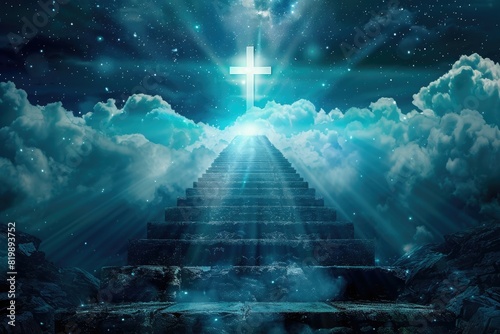 A stairway leading to a cross in the sky. Suitable for religious themes
