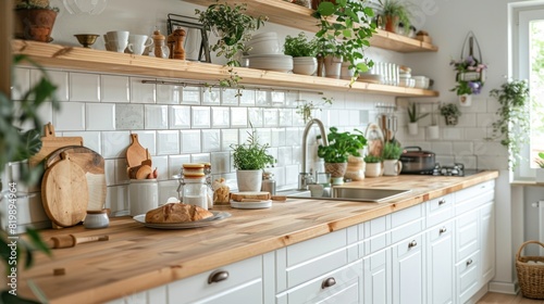 Scandinavian-style kitchen with white cabinets, light wood countertops, and open shelving, promoting simplicity and functionality