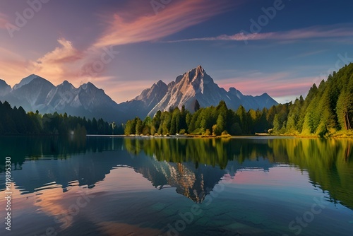 Calm morning view of Fusine lake. Colorful summer sunrise in Julian Alps with Mangart peak on background, Province of Udine, Italy, Europe. Beauty of nature concept background. Generative AI 