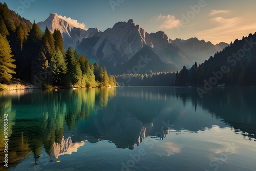 Calm morning view of Fusine lake. Colorful summer sunrise in Julian Alps with Mangart peak on background, Province of Udine, Italy, Europe. Beauty of nature concept background. Generative AI 