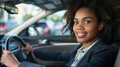 A focused saleswoman conducts a test drive with a customer at a car dealership, showcasing the features and performance of a vehicle with confidence.