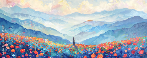 Surrealistic painting, vibrant sunset, lush floral meadow mountains, enigmatic figure silhouette.