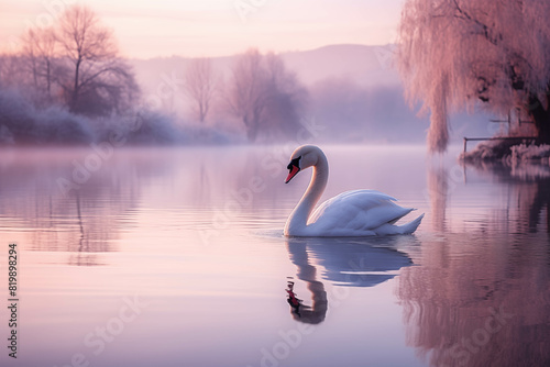 A graceful white swan swims peacefully in a serene, misty lake at sunrise, surrounded by soft pastel colors and frosty trees.