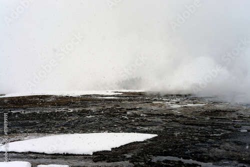 Winter Snowing Geothermal Pool Yellowstone