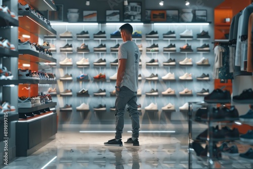 A man standing in front of a display of shoes. Ideal for showcasing footwear products