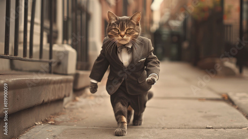A cat wearing a suit is walking down a busy sidewalk