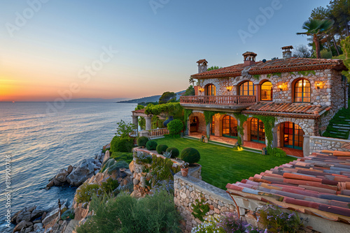 An opulent Mediterranean Revival grand house with arched windows and red-tiled roofs, perched on a rocky cliff with panoramic sea views. The property features an expansive lawn with olive trees and a 