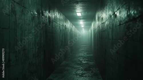 Long, dimly lit corridor with a greenish hue