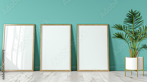 Four blank horizontal poster frames in a Scandinavian style living room with a vibrant teal and white color scheme. Frames are staggered vertically beside a stylish indoor plant.