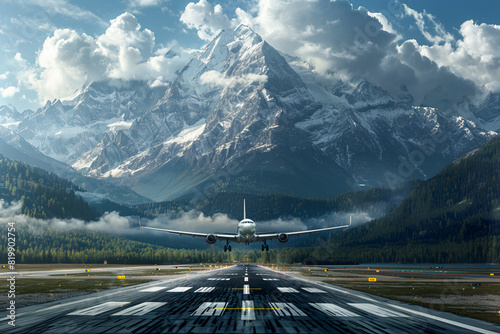 Create a dramatic scene of an airport runway carved into the side of a mountain, with sheer cliffs rising up on either side and a pristine alpine lake stretching out below, offering a breathtaking bac