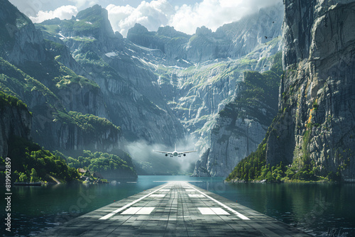 Create a dramatic scene of an airport runway carved into the side of a mountain, with sheer cliffs rising up on either side and a pristine alpine lake stretching out below, offering a breathtaking bac
