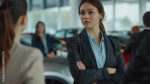A professional saleswoman conducts a product demonstration for a group of customers at a car dealership, showcasing the features and capabilities of different vehicle models with a serious demeanor. 