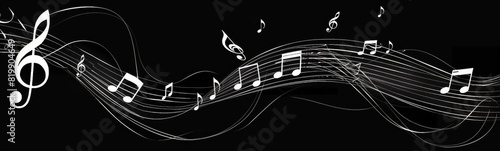Musical notes are flying around the black background. White line drawing background 