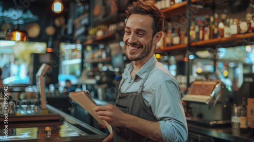 A young waiter, dressed impeccably in workwear, beams with enthusiasm as he makes notes in his notepad, the bar counter providing a dynamic backdrop. 