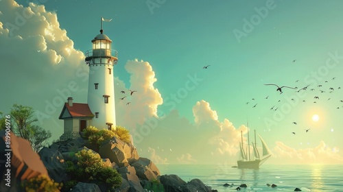 A charming lighthouse overlooking a rocky coastline, guiding ships with its beacon.
