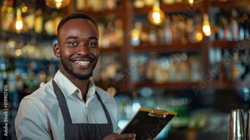 A smiling waiter, dressed impeccably in his work uniform, poses confidently while making notes in his notepad, the dynamic bar counter adding depth to the photo. 