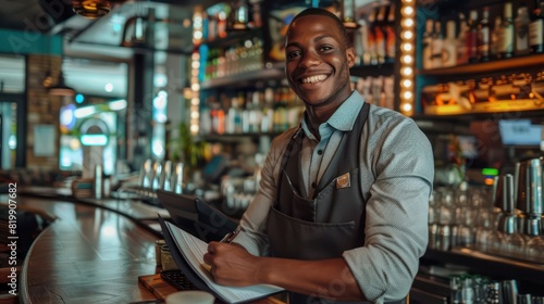 A smiling waiter, dressed in professional work attire, poses for the camera while making notes in his notepad, the vibrant bar counter serving as a lively background.