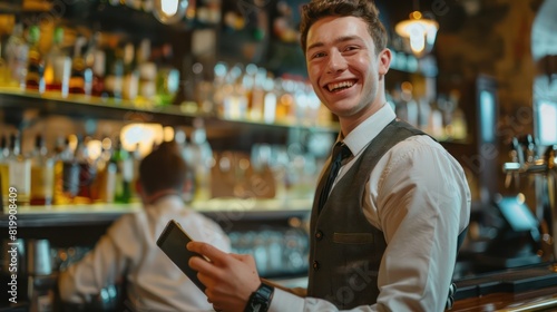 A young waiter, dressed smartly in workwear, smiles brightly as he takes notes in his notepad, the bustling bar counter providing a lively backdrop.
