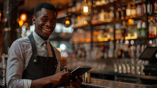 A young waiter, dressed smartly in workwear, smiles brightly as he takes notes in his notepad, the bustling bar counter providing a lively backdrop. 