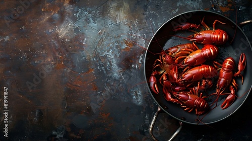 Closeup view of saucepan with pile of crayfishes on rustic tabletop : Generative AI