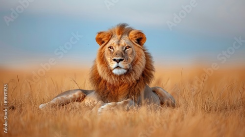 Majestic lion lounging in the savannah, showcasing the beauty and power of wildlife in its natural habitat.