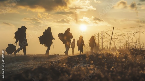 A group of Ukranian refugees walks in unity down a dusty road towards an uncertain future