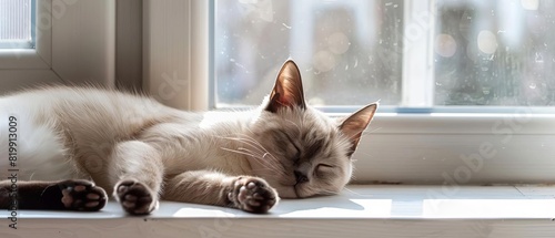 Siamese cat lounging on a sunny windowsill,with Pastel Lavender background,free space, with copy space for text