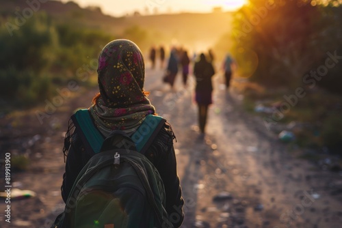 A diverse group of refugees and asylum seekers walking together down a dusty road in search of safety and a better future