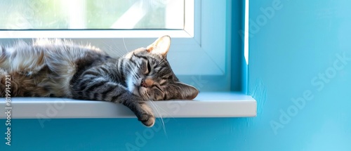 Cat napping on a windowsill,with Pastel Blue background,free space , with copy space for text