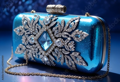 Luksusowa niebieska mała torebka z diamentami i kryształami oraz złotymi elementami. Stworzona ze skóry naturalnej lakierowanej i barwionej. Nowoczesna moda, styl i elegancja 
