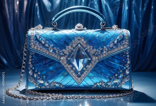 Luksusowa niebieska mała torebka z diamentami i kryształami oraz złotymi elementami. Stworzona ze skóry naturalnej lakierowanej i barwionej. Nowoczesna moda, styl i elegancja 