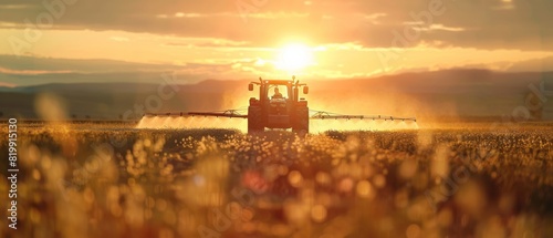Modern tractor actively spraying crops on a vast farm with a dramatic sunset in the background --ar 7:3 Job ID: 1f9c5e2d-d720-43e6-99f0-2e8e0944b457
