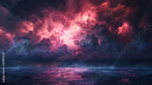 The dark sea is lit up by the bright red and purple clouds in the sky.
