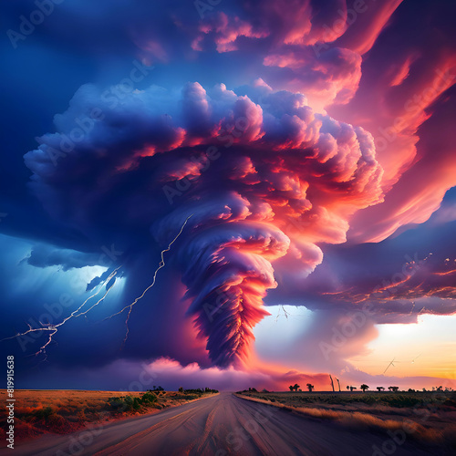 As a powerful tornado rips through the landscape, it leaves behind a trail of vibrant and colorful clouds, each one a unique and stunning masterpiece.