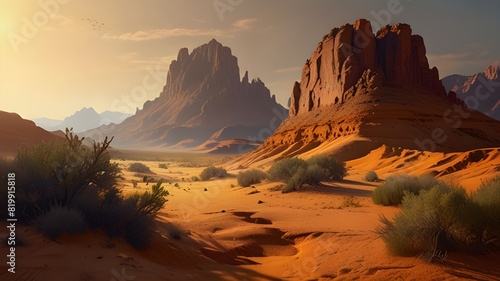 a rugged desert landscape at sunset