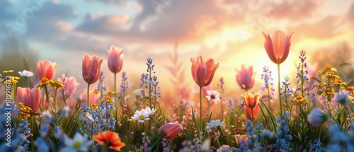 Field of Tulips and Flowers at Sunset