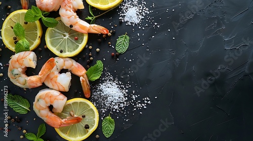Elevated view of lemon slices mint leaves and shrimps on table with black pepper and salt : Generative AI