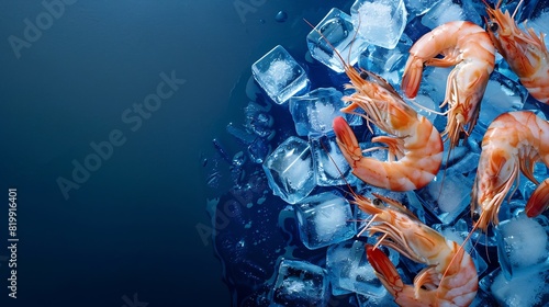 Elevated view of pile of shrimps on ice cubes : Generative AI
