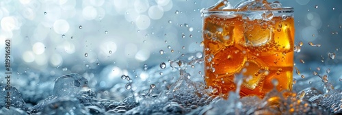 A glass filled with soda, ice cubes, and water droplets glistening on its surface
