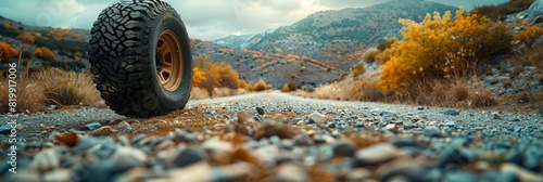 A truck tire moves along a gravel road in mountainous terrain