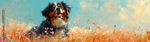 A surreal 3D Bernese Mountain Dog romping gleefully through a lush pastel meadow adorned with delicate pastel wildflowers