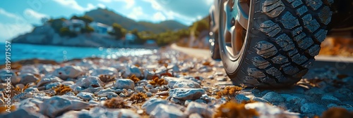 Detailed view of a truck tire navigating a bumpy rocky road