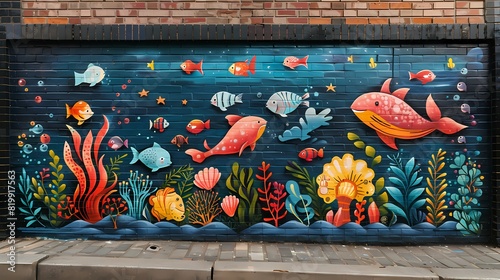 A vibrant mural painted on one wall, depicting a whimsical underwater world inhabited by friendly sea creatures