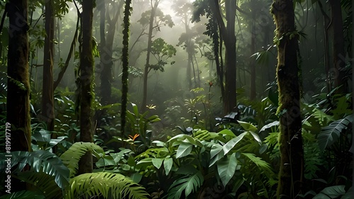 Sunlight Penetrating Through the Enchanted Woods: Forest RadianceInvestigating the Rich Rainforest at Dawn, Calm Dawn Views in the Rainforest, Dawn Light Filters the Canopy of the Rainforest, Early Mo